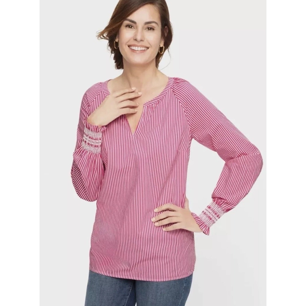 Talbots Butterfly Stripe Smocked Cuff Raglan Popover Blouse Women Pink White